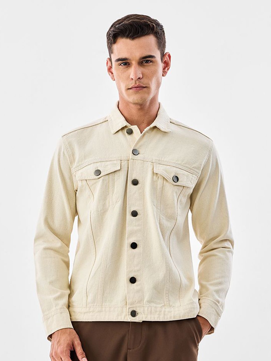 Snitch Men Spread Collar Cotton Denim Jacket