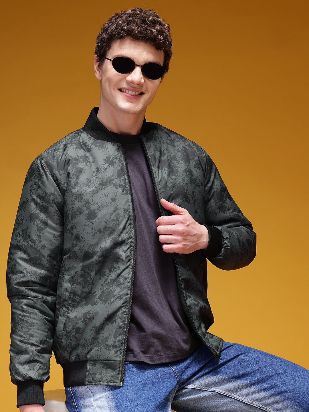 HERE&NOW Abstract Print Stand Collar Padded Bomber Jacket