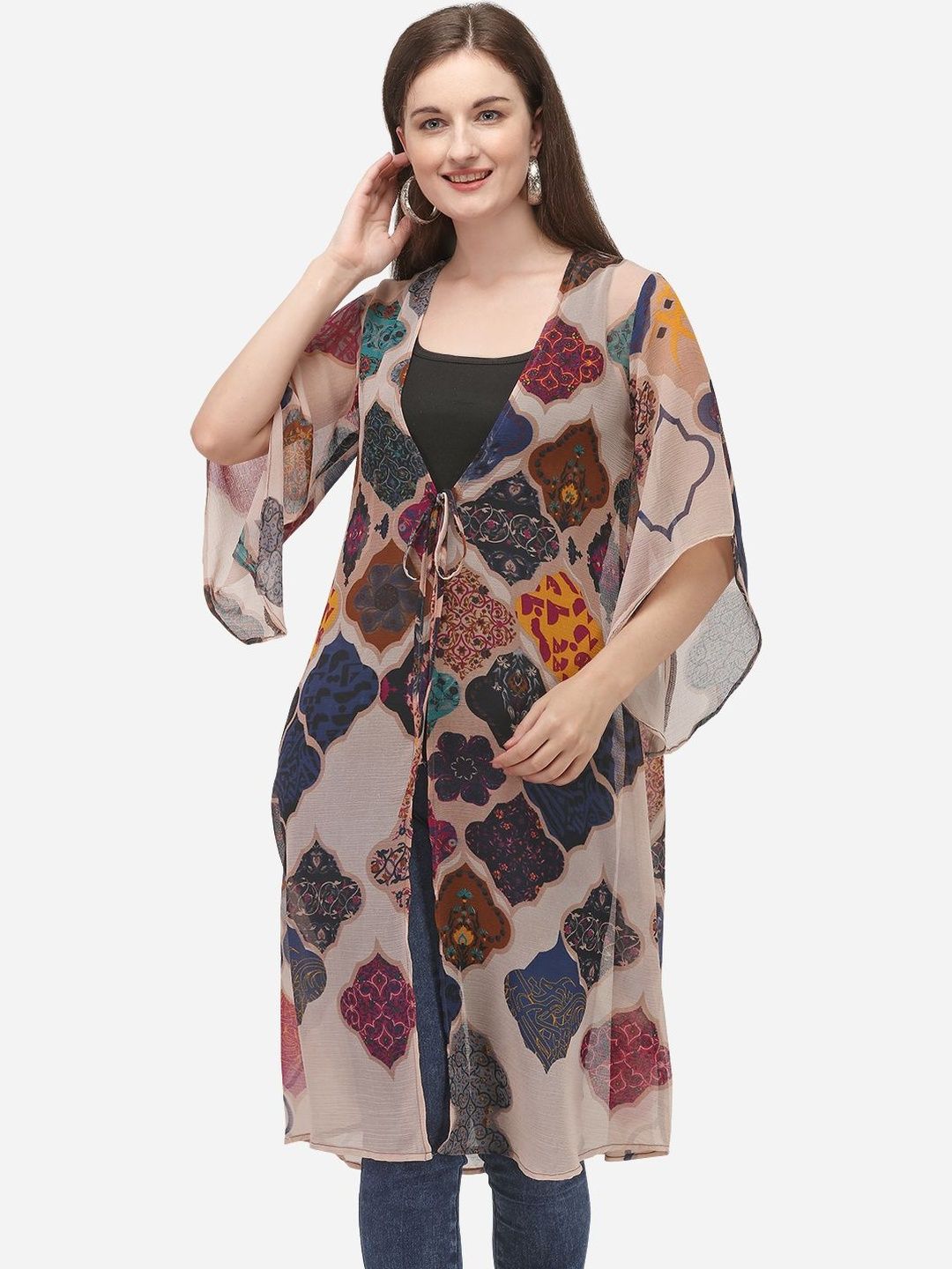 CORSICA Women Printed Longline Ethnic Tie-Up Shrug