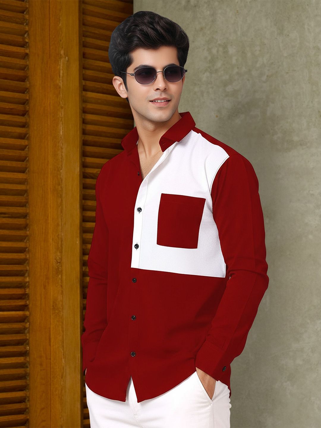 Metronaut Men Regular Fit Colourblocked Chest Pocket Spread Collar Long Sleeve Shirt