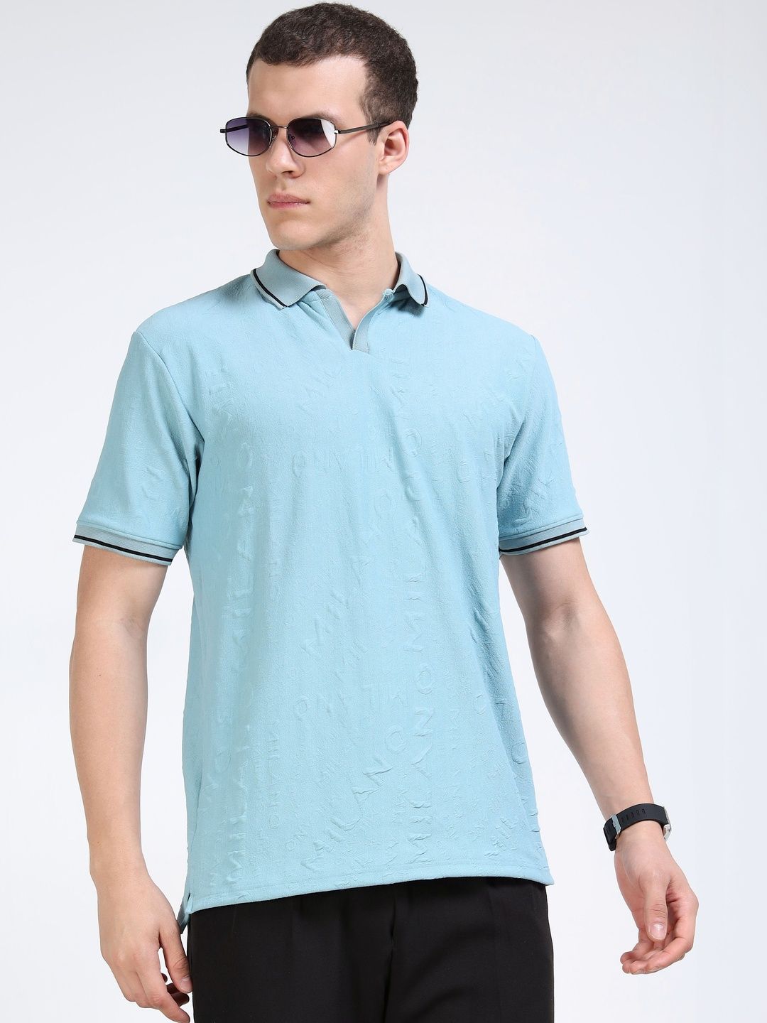 THE BEETEL HOUSE Men Textured Polo Collar T-shirt