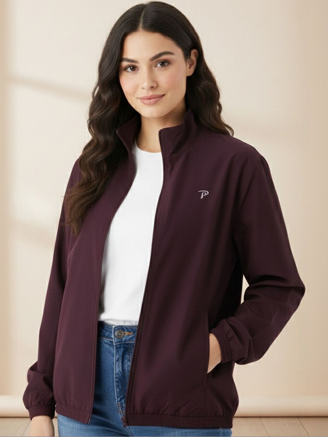 Promount Women Mock Collar Solid Lightweight Bomber Jacket