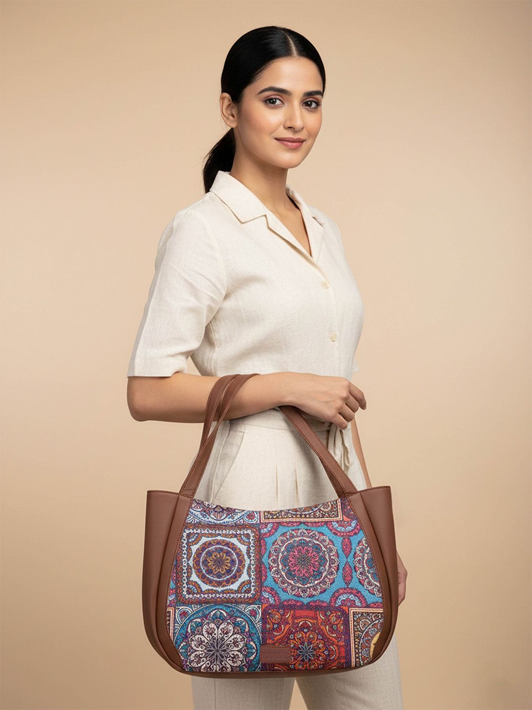 Shoulder Bag Up to 16 inch ZOUK Ethnic Motifs Printed Structured Jute Shoulder Bag Up to 16 inch