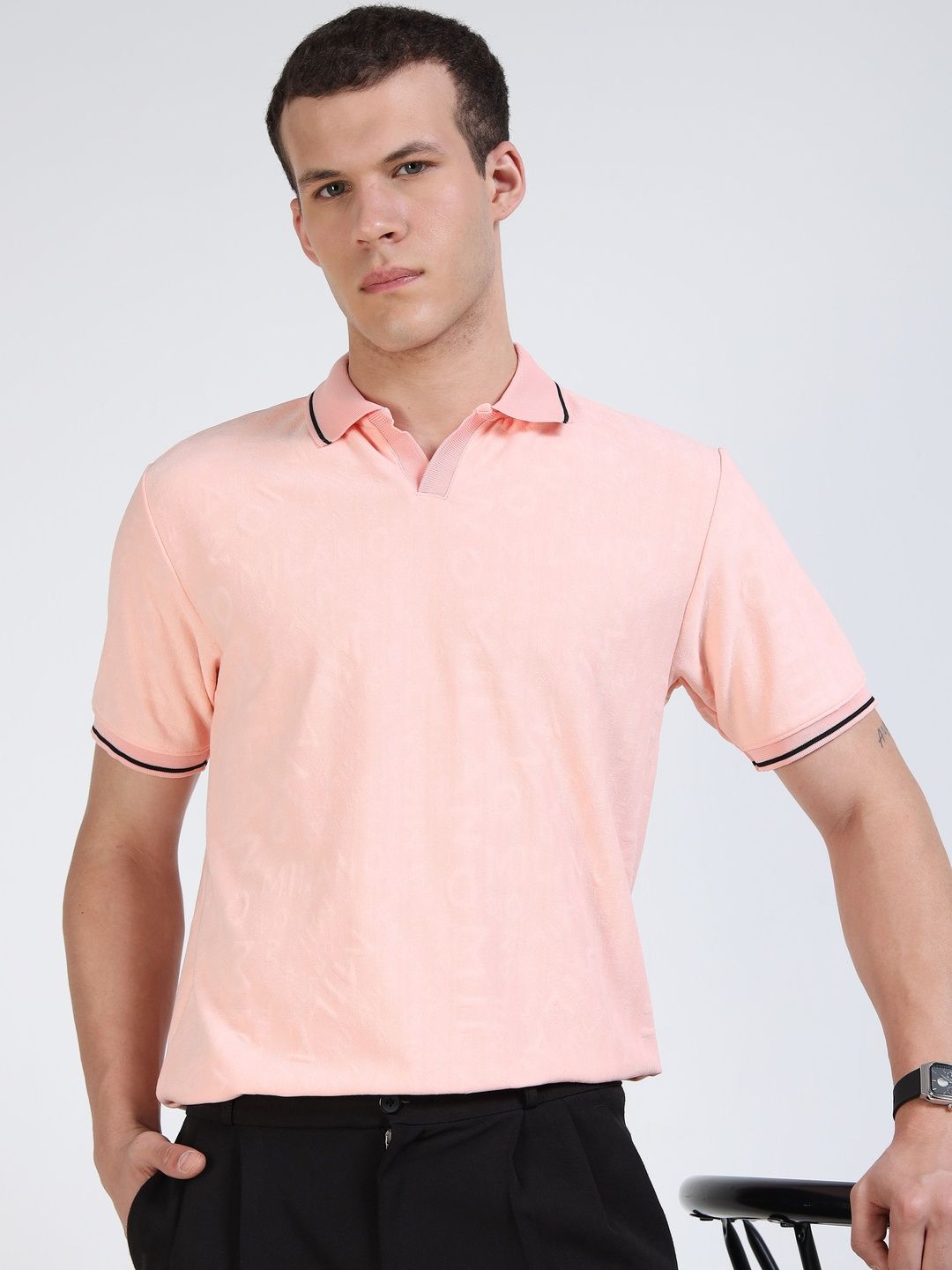 THE BEETEL HOUSE Men Textured Polo Collar T-shirt