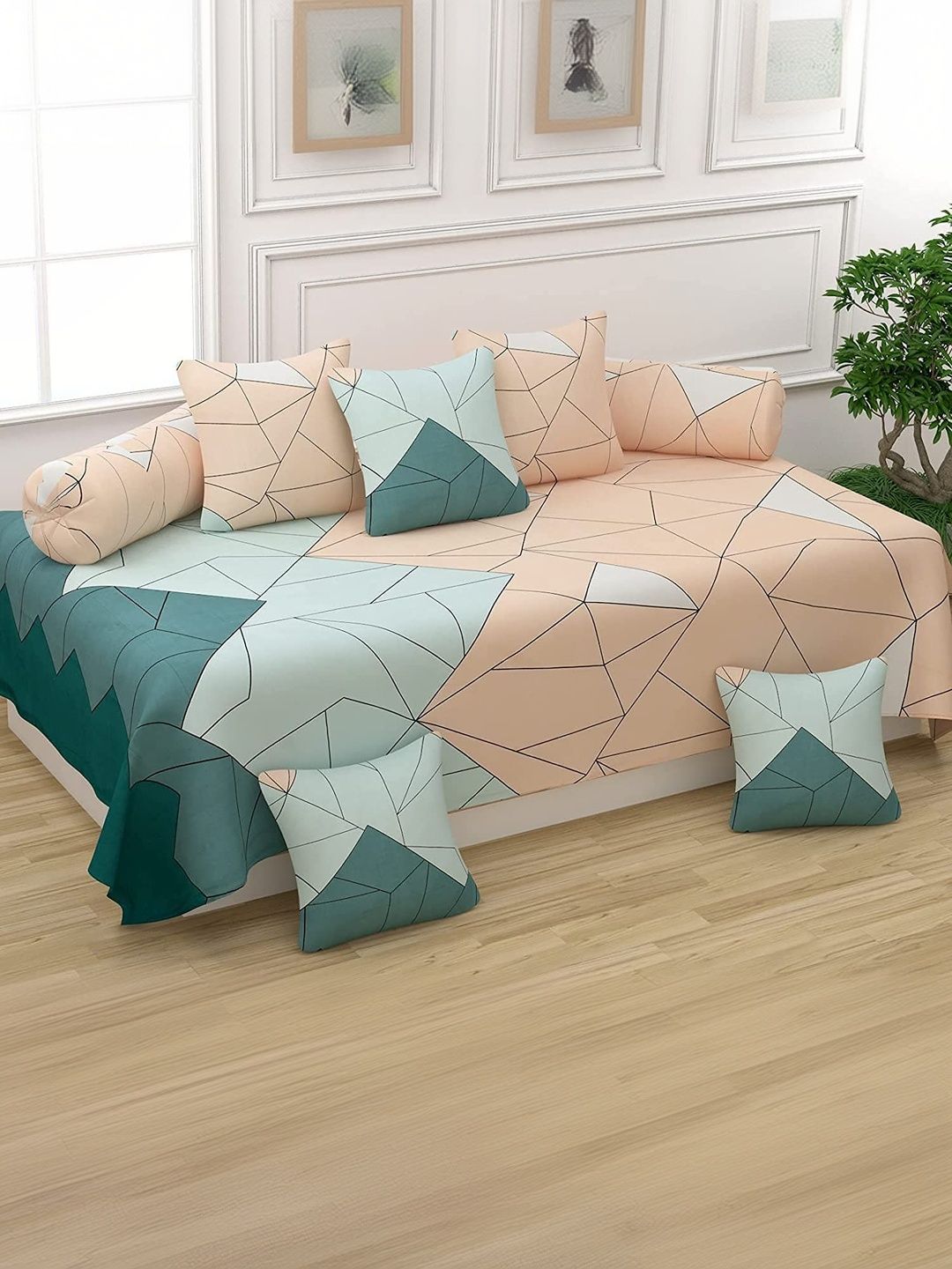 Homybees Peach-Coloured & Green 8 Pieces Geometric Printed Microfiber Diwan Set