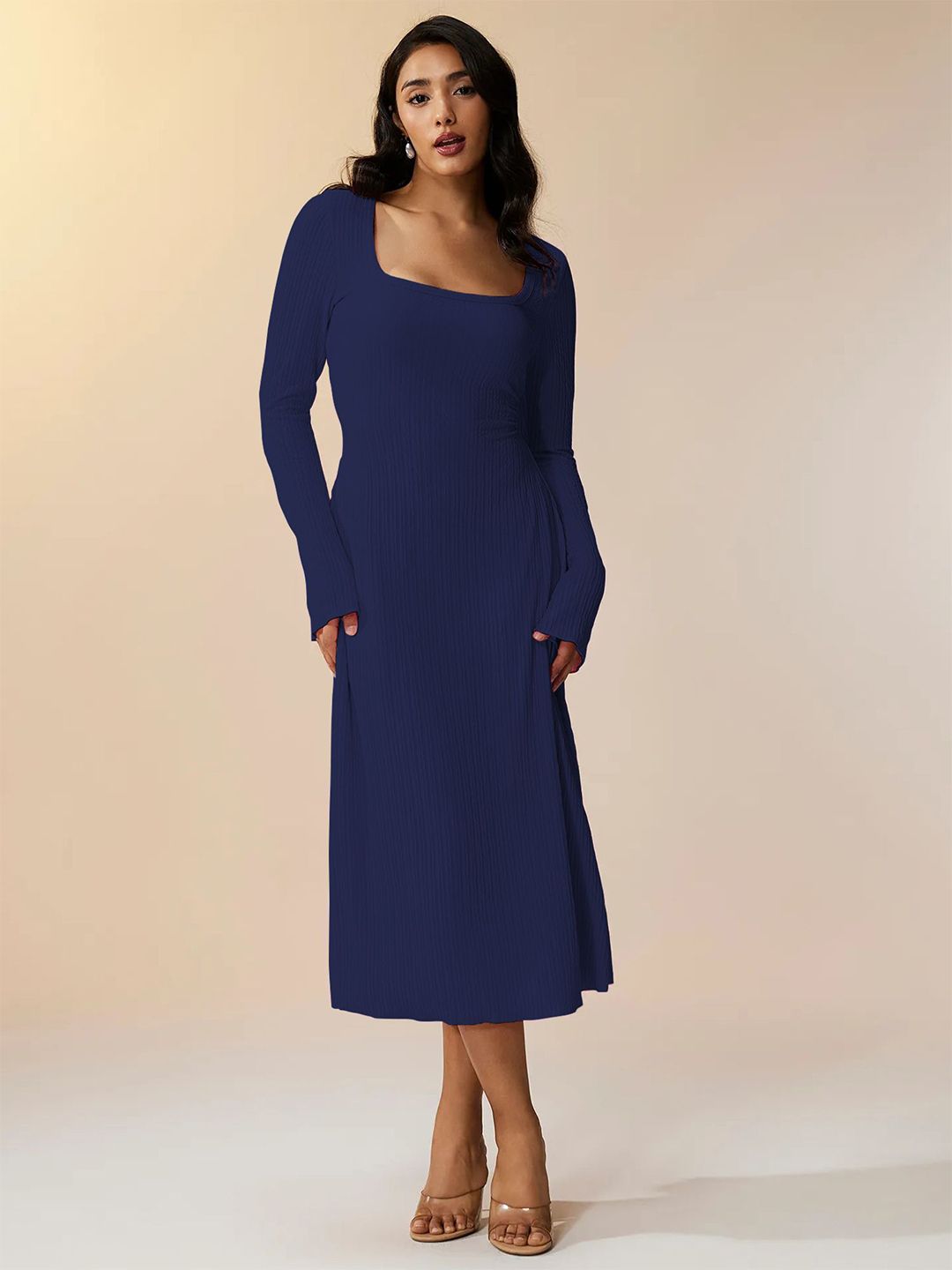 Sugathari Women Square Neck Long Sleeve Knitted Stretchable Winter Midi A-Line Dress