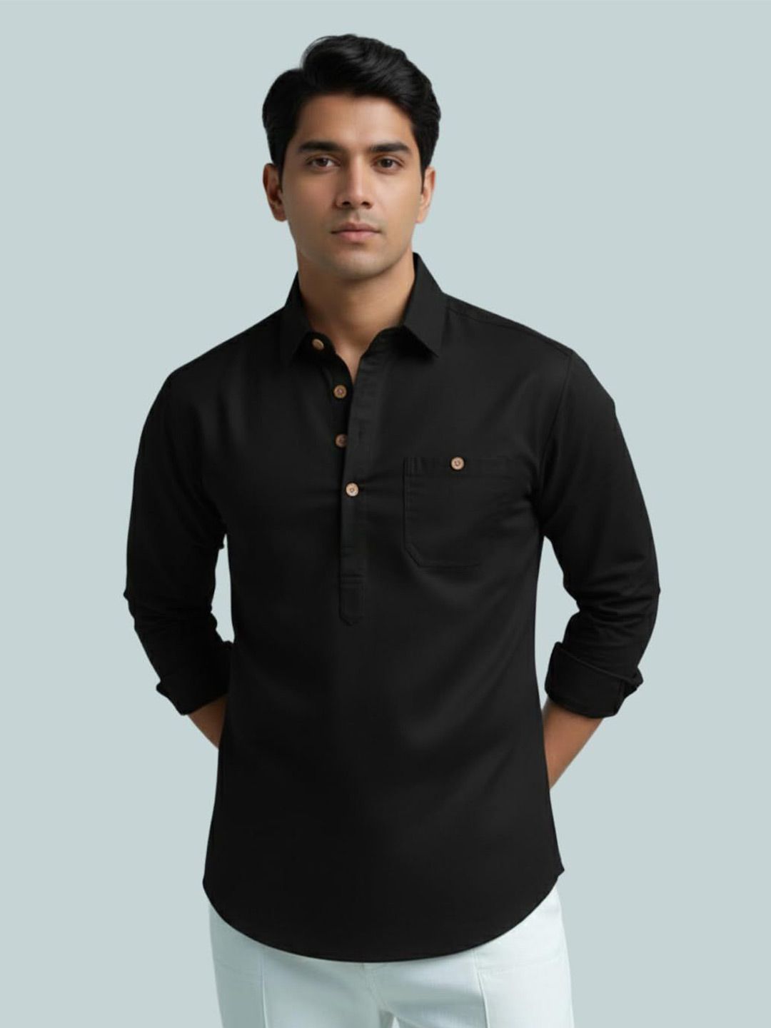 Vida Loca Shirt Collar Roll-Up Sleeves Short Kurta