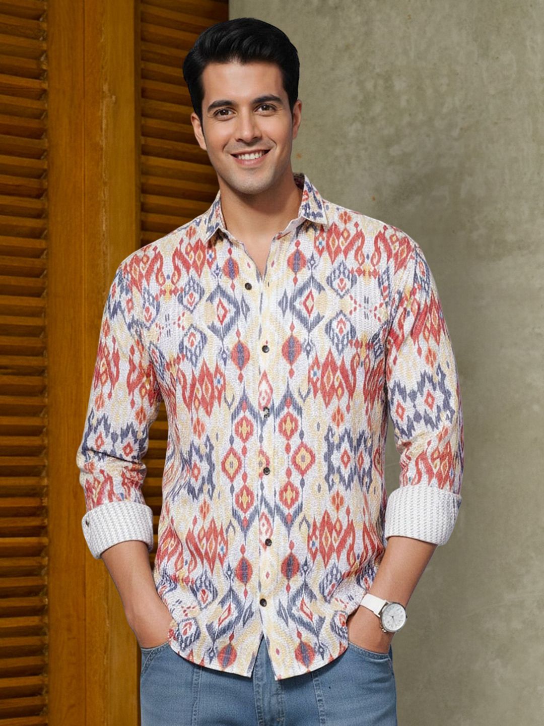 Metronaut Men Ethnic Motifs Printed Spread Collar Roll-Up Sleeves Shirt