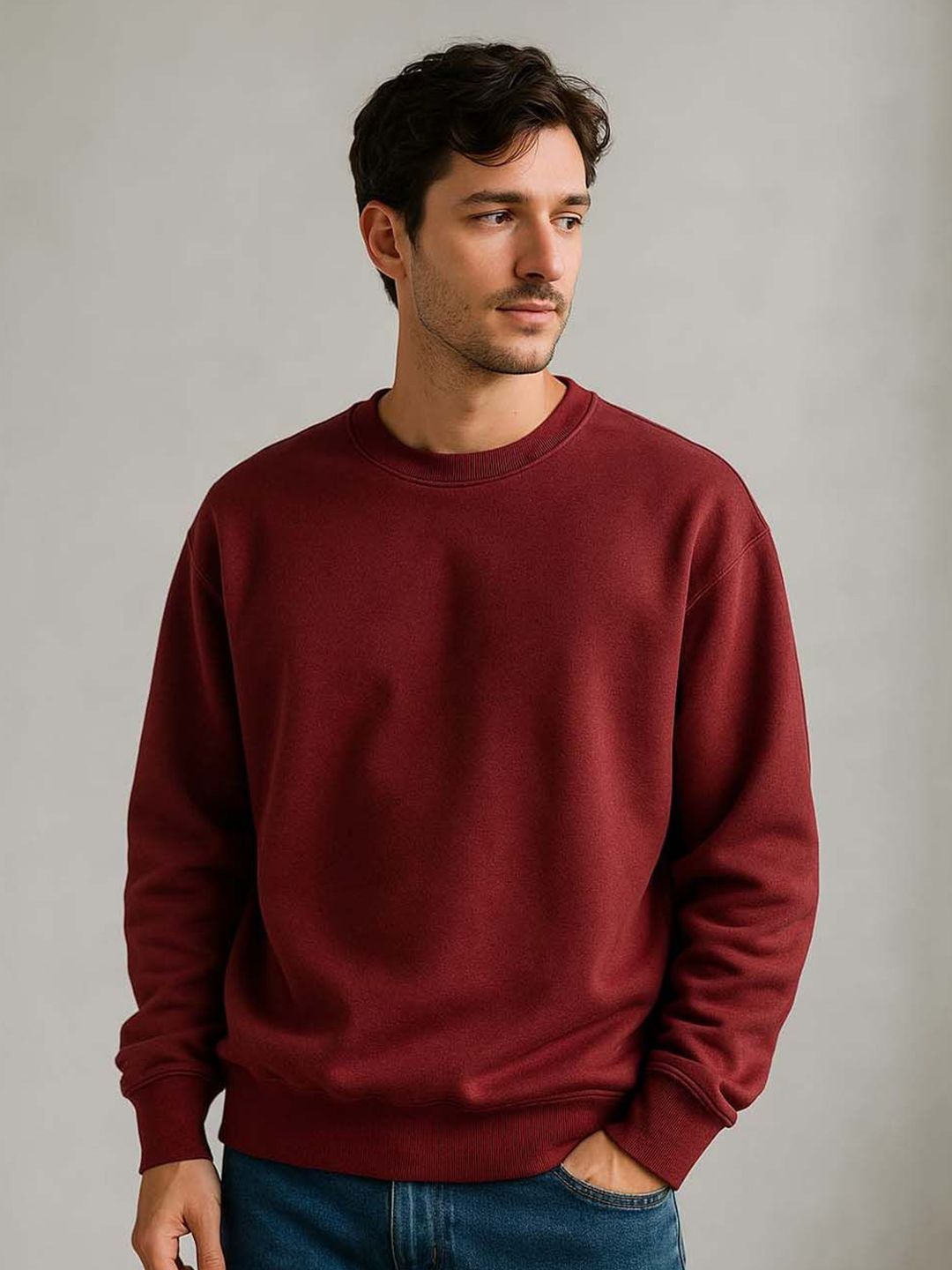 Organic Chics Men Solid Round Neck Pullover Sweatshirt