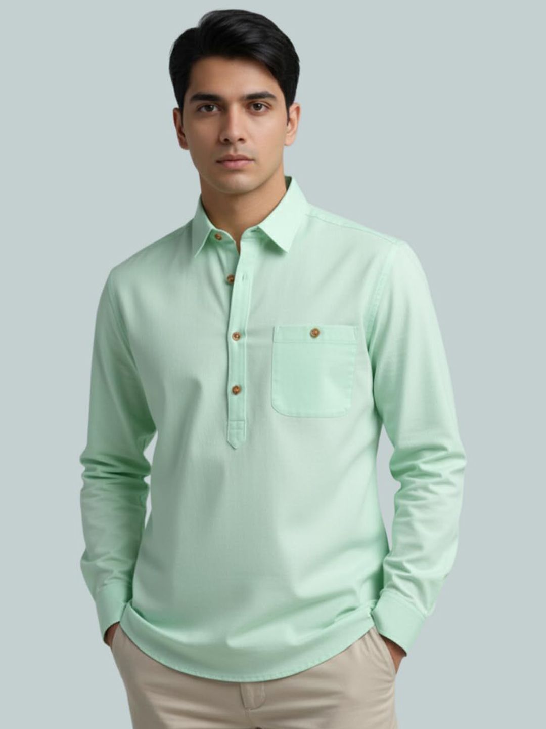 Vida Loca Men Shirt Collar Roll-Up Sleeves Short Kurta