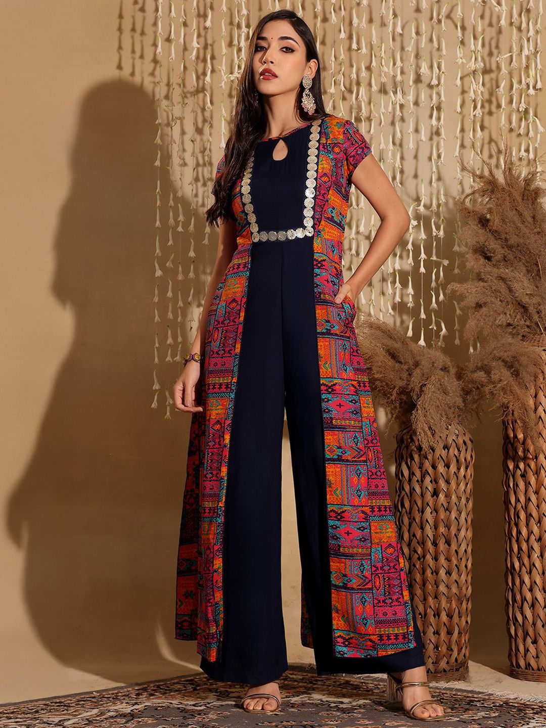 Miss Chase Women's Keyhole-Neck Bohemian Paneled Viscose-Rayon Regular-Length Jumpsuit