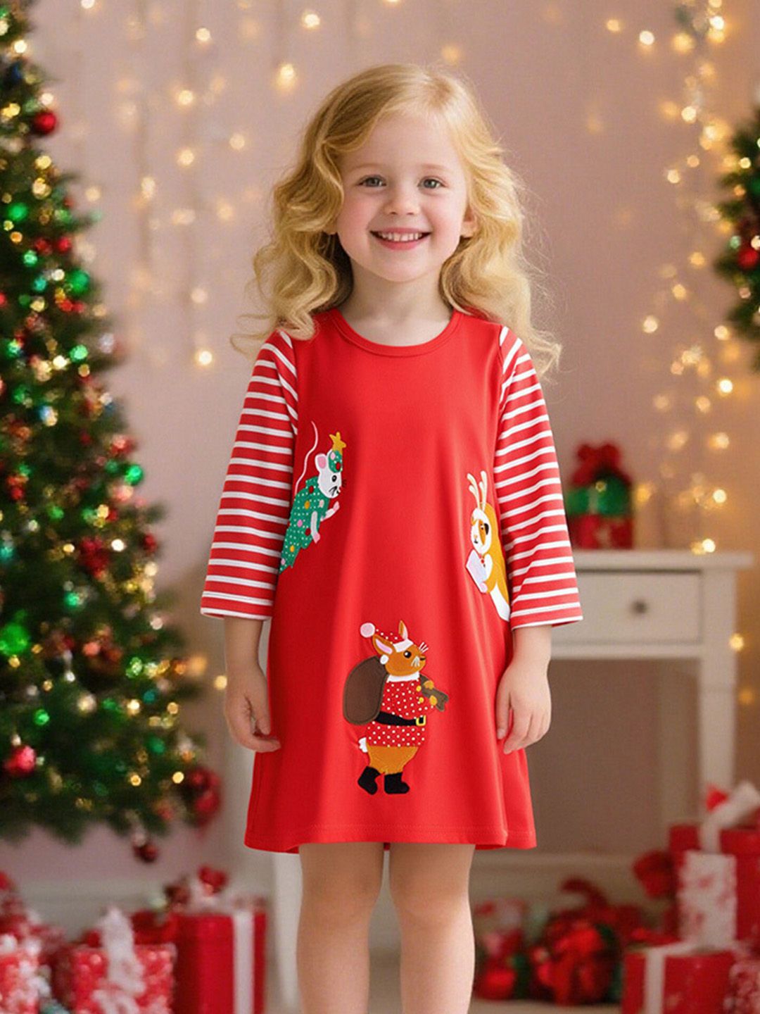 INCLUD Girls Printed Applique Patched A-Line Midi Dress