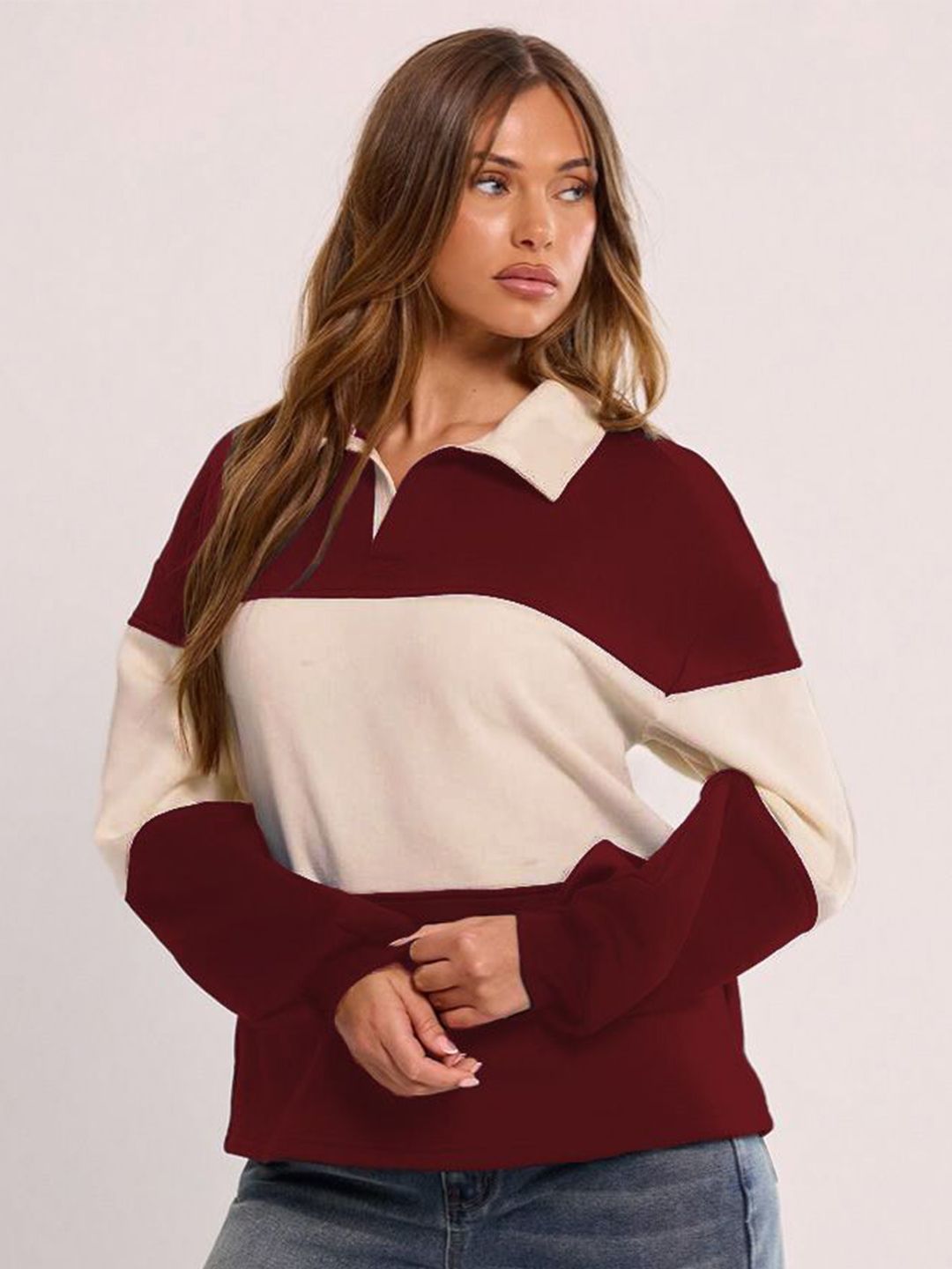 The Roadster Lifestyle Co. Women Colourblocked Shirt Collar Oversized Sweatshirt