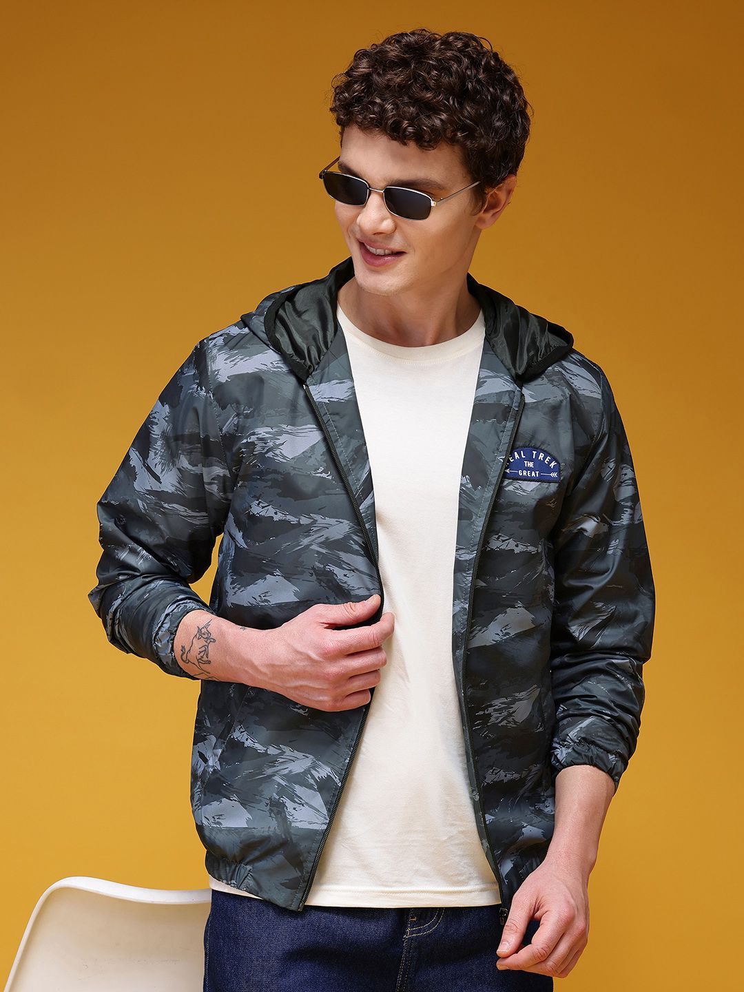 HERE&NOW Camouflage Printed Windcheater Hooded Bomber Jacket