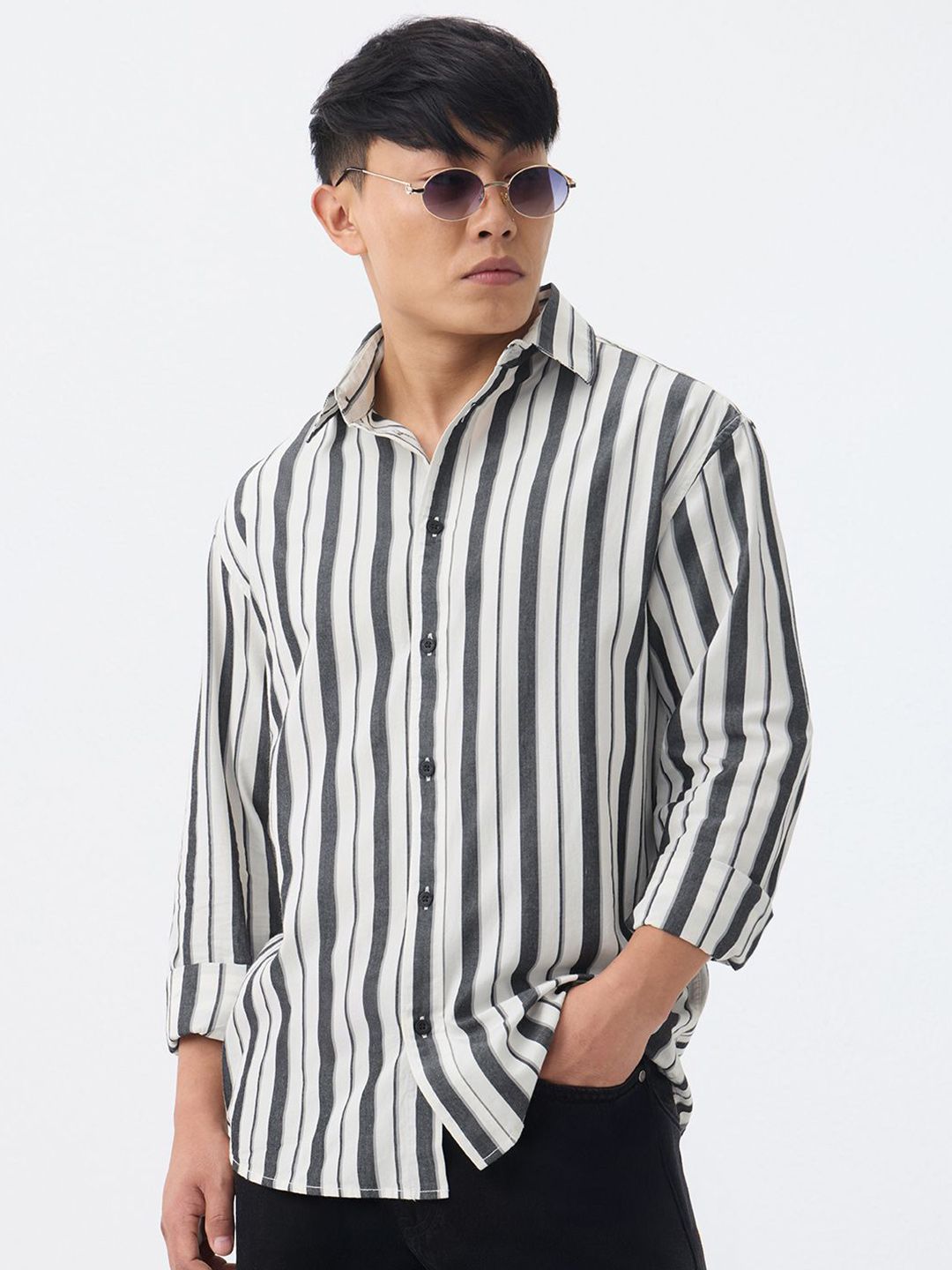 The Souled Store Men Relaxed Fit Striped White Shirts