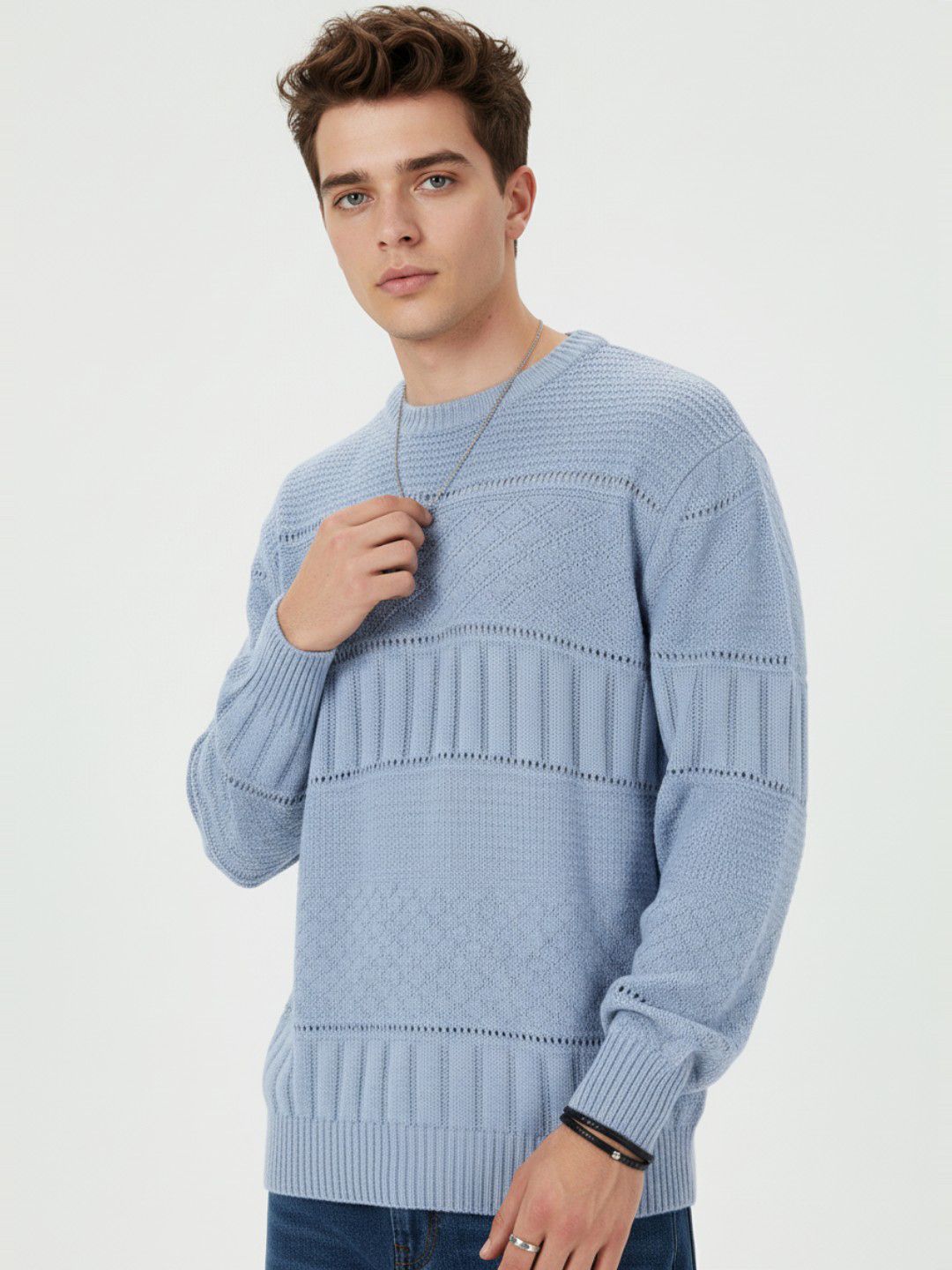 glitchez Geometric Self Design Open-Knit Relaxed Pullover