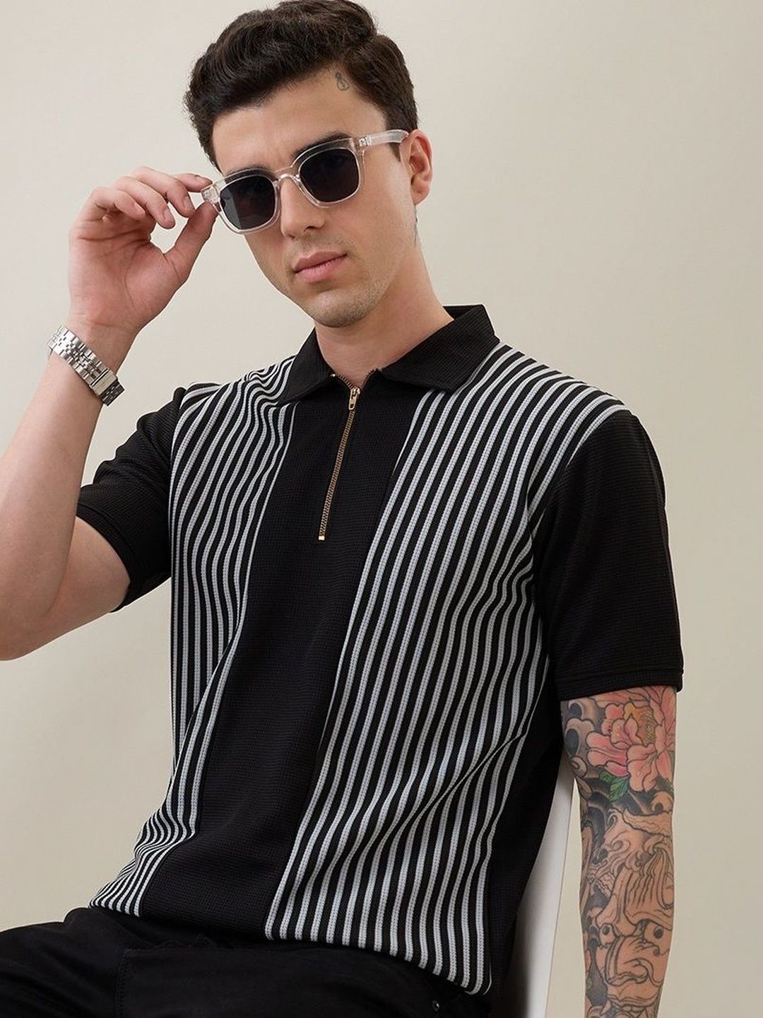 KAJARU Men Striped Polo Collar T-shirt