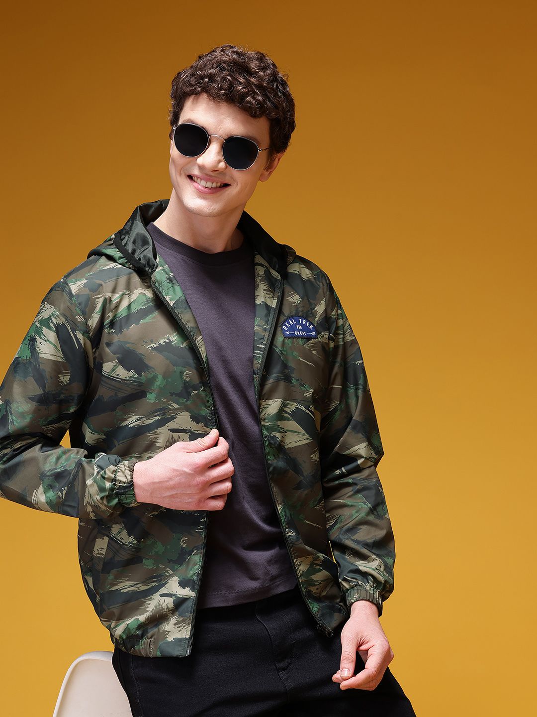 HERE&NOW Camouflage Printed Windcheater Hooded Bomber Jacket