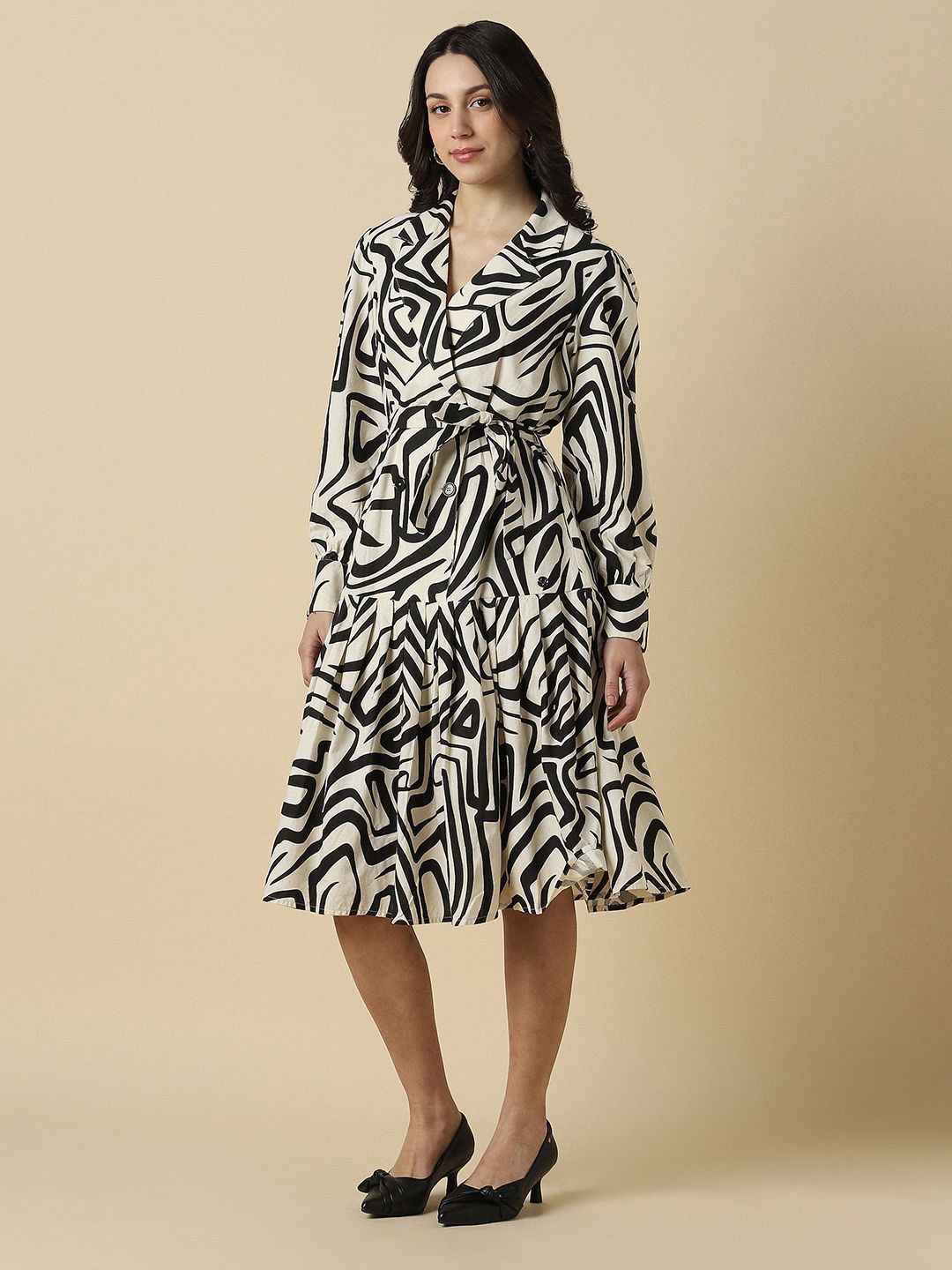 Allen Solly Woman Abstract Printed V-Neck Tie-Ups Tiered Wrap Midi Dress