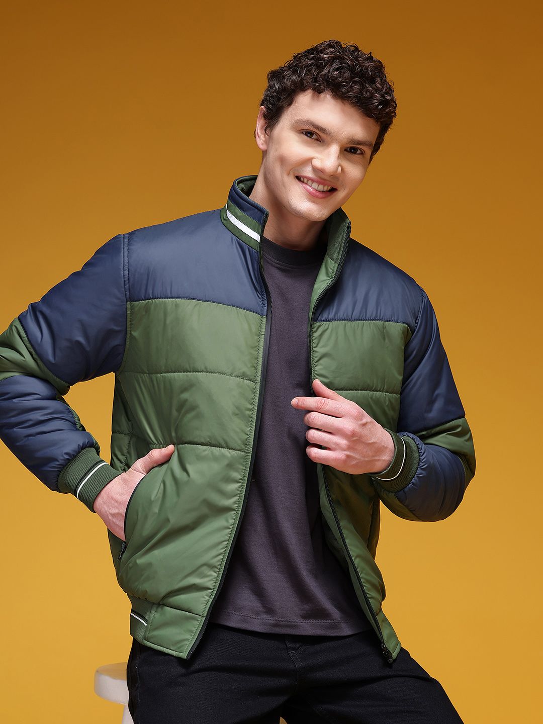 HERE&NOW Colourblocked Mock Collar Padded Bomber Jacket