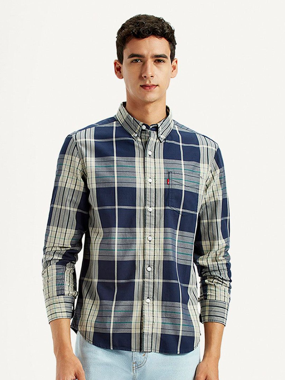 Men Checked Cotton Shirt Levis Men Long Sleeves Spread Collar Classic Slim Fit Tartan Checks Checked Cotton Shirt