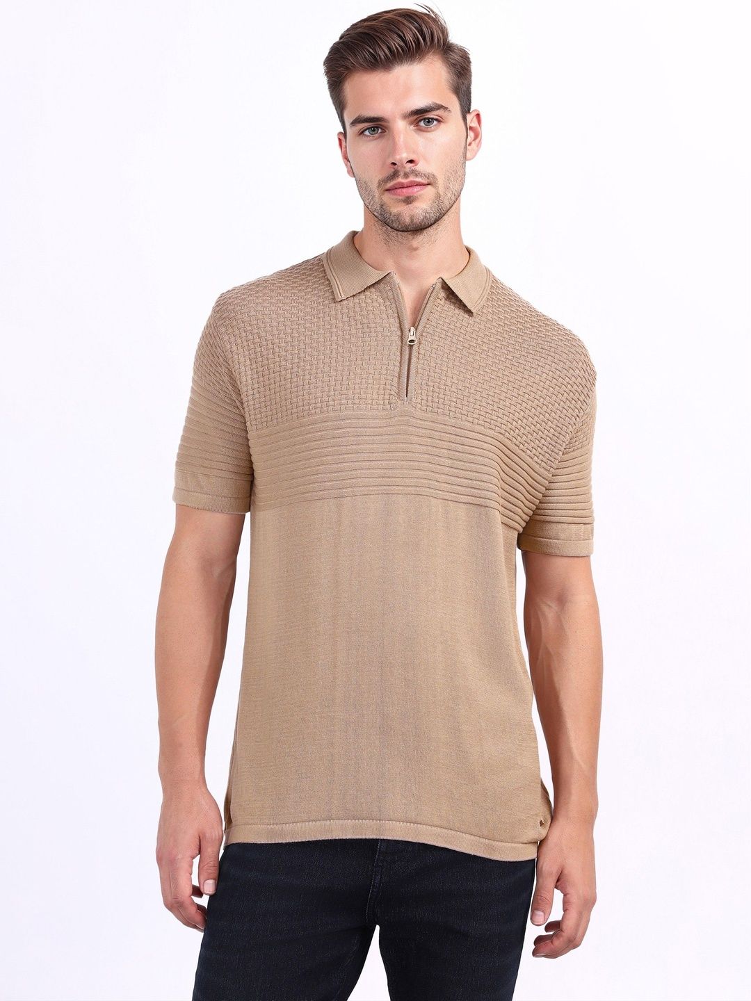 Iconic Men Textured Polo Collar Pure Cotton T Shirt