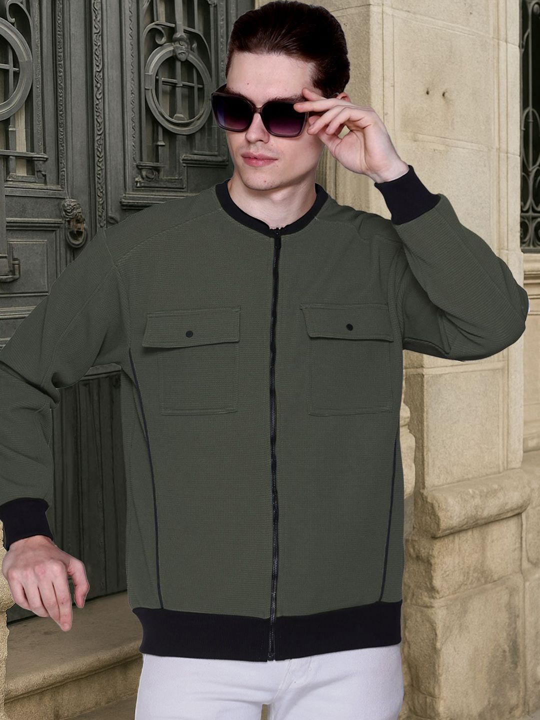 MOUNTAIN COLOURS Men Stand Collar Solid Bomber Jacket