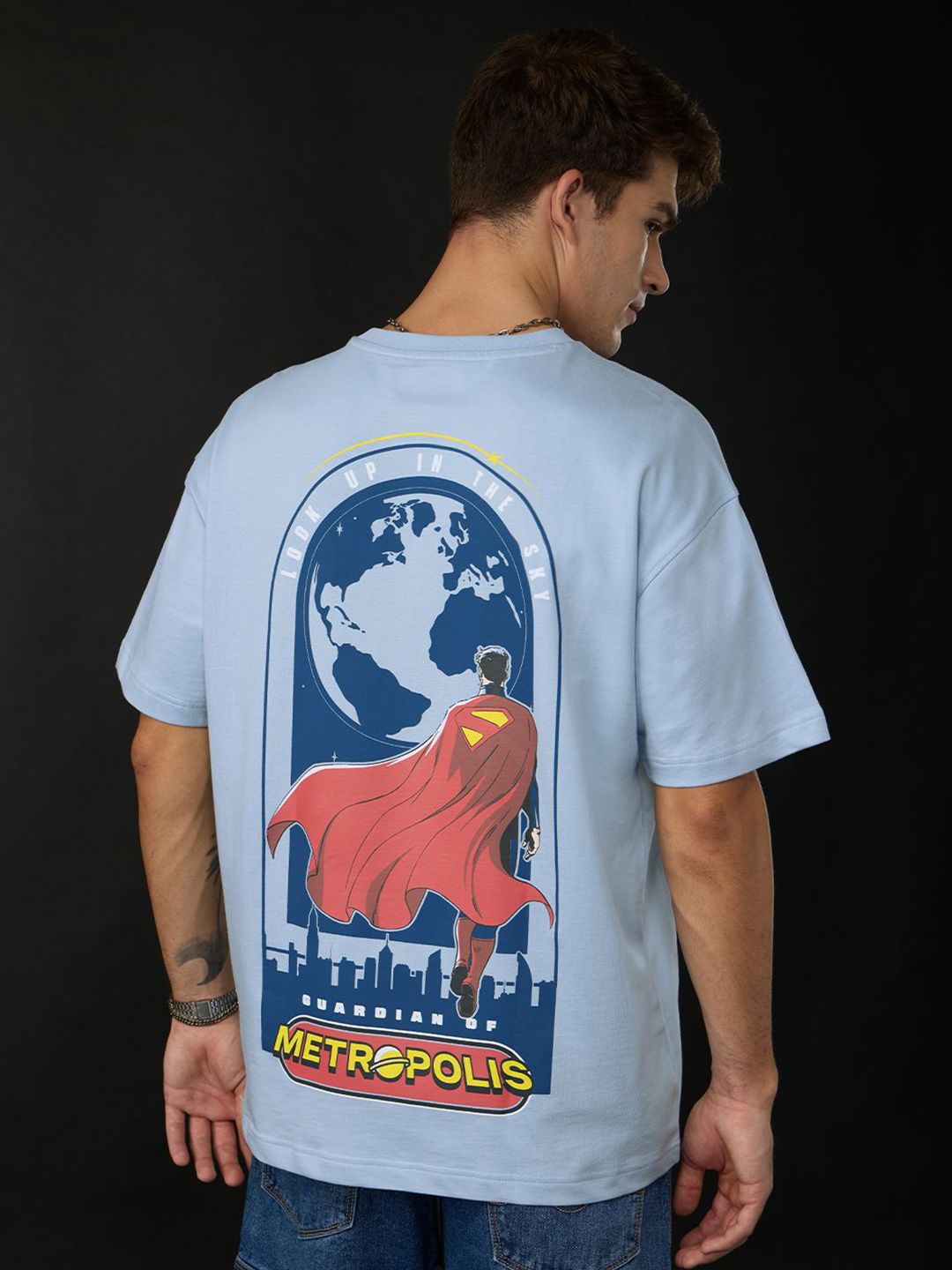 The Souled Store Men Oversized Fit Superman Printed Blue T-Shirts