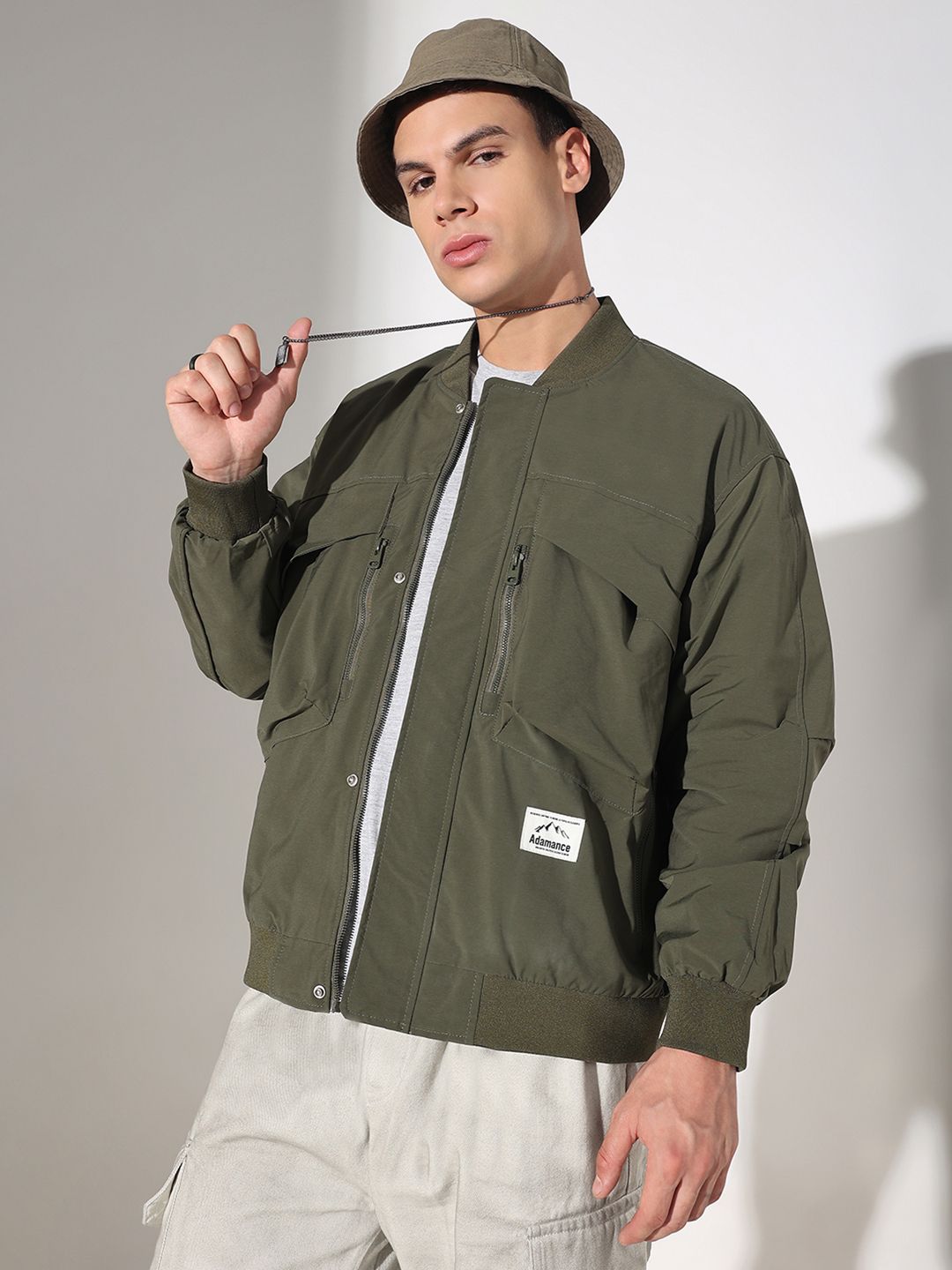 SHOWOFFFF Men Solid Olive Mandarin Collar Bomber Jacket