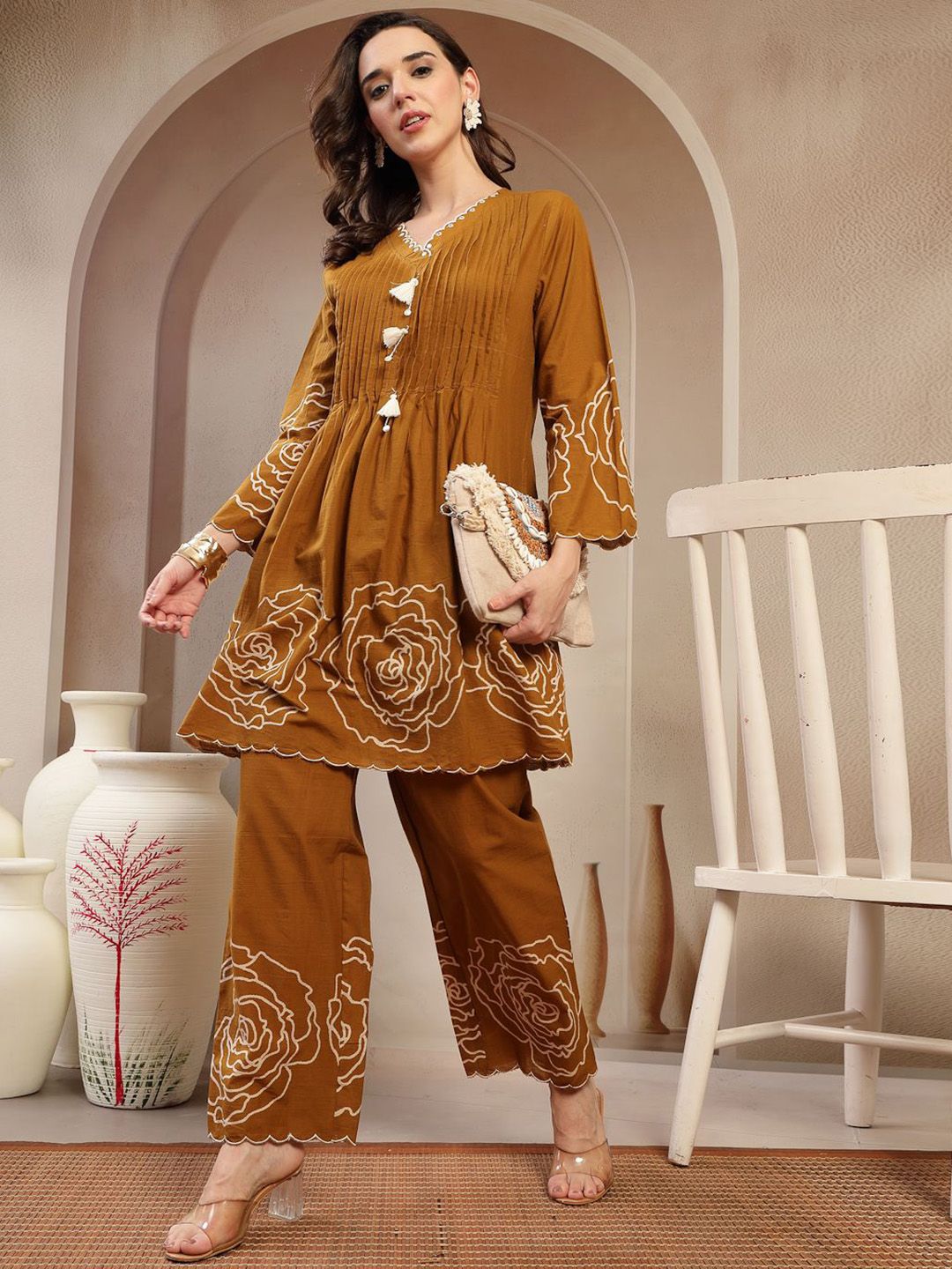 Stylum Embroidered V-Neck Pure Cotton Tunic & Palazzo