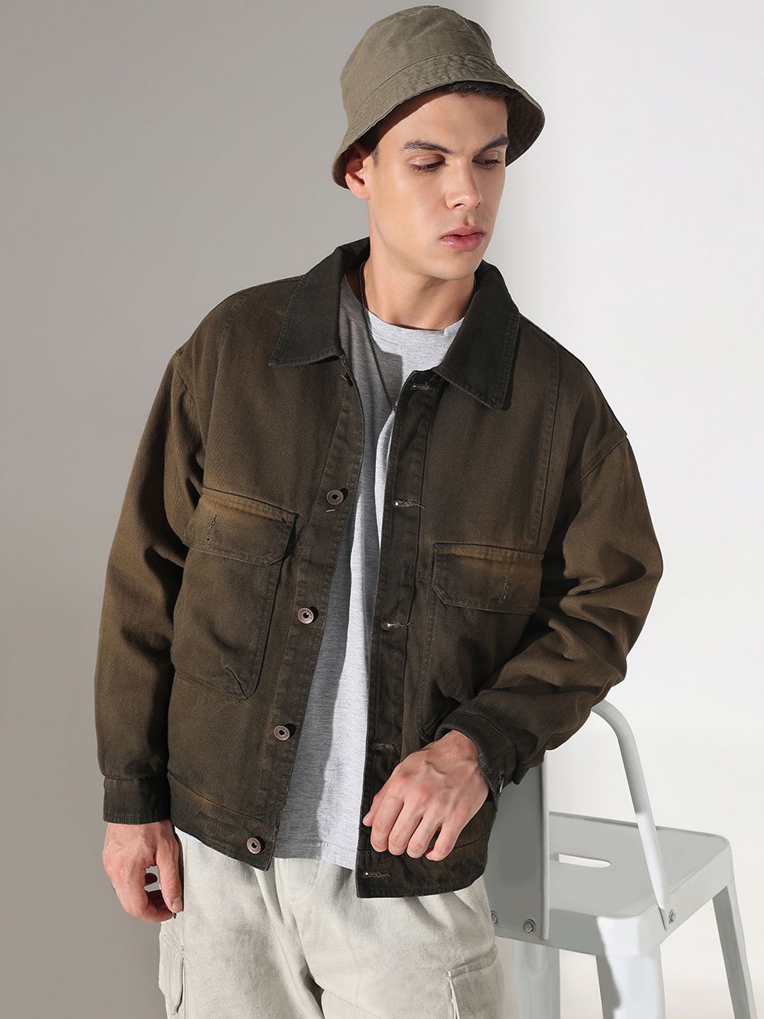 SHOWOFFFF Men Olive Solid Denim Jacket