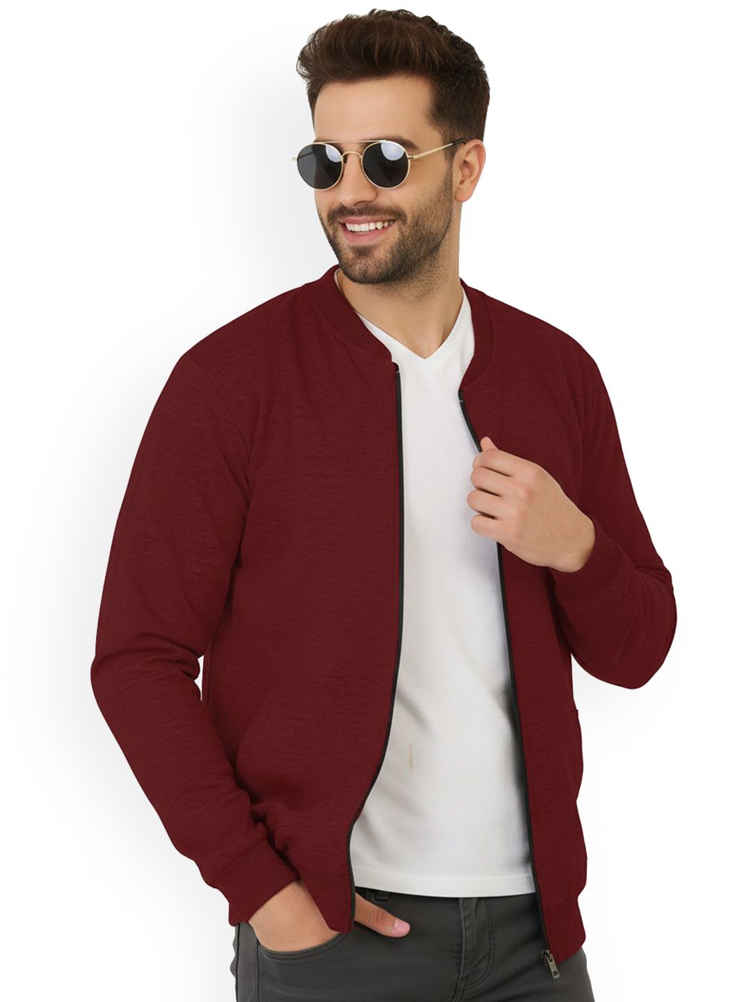 Leotude Men Stand Collar Solid Bomber Jacket With Zipper Closure And Side Pockets