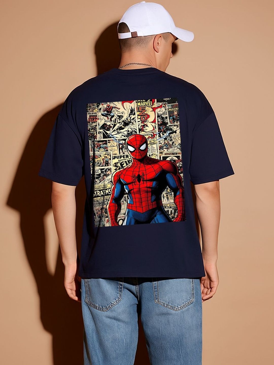BDSQUARE Spider-Man Printed Drop-Shoulder Sleeves Pure Cotton Oversized T-shirt