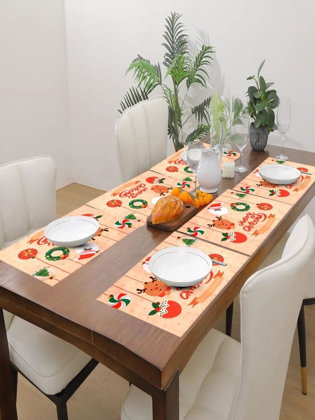 PRAKARTIK Cream & Red 6 Pieces Merry Christmas Printed Table Placemats
