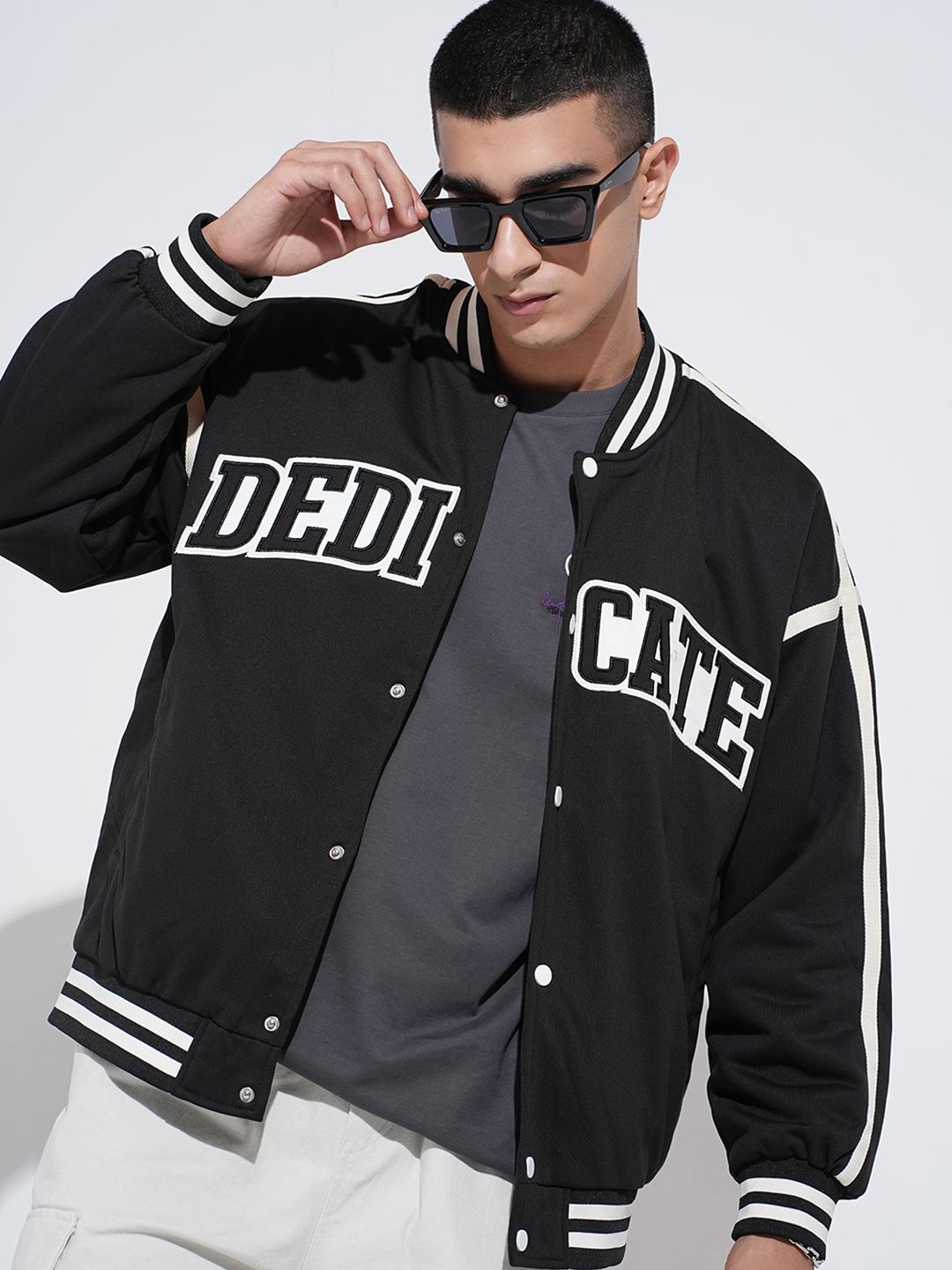 SHOWOFFFF Men Typography Lightweight Varsity Jacket with Patchwork