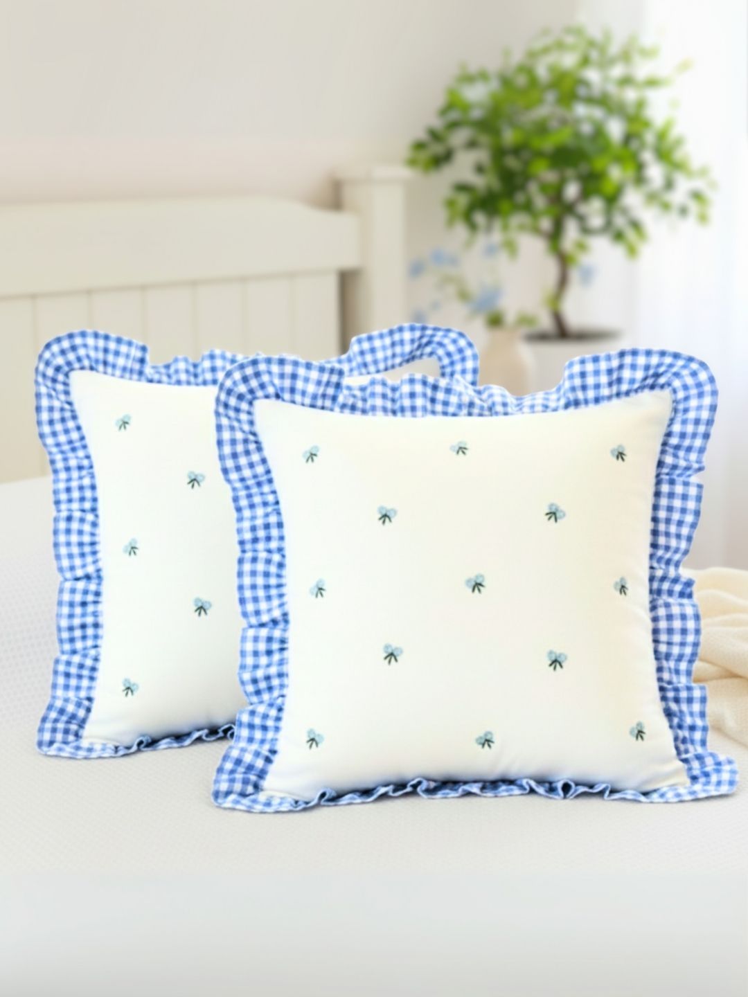 SLEEPY THREADS 2 Pieces White & Blue Floral Square Embroidered Cushion Covers