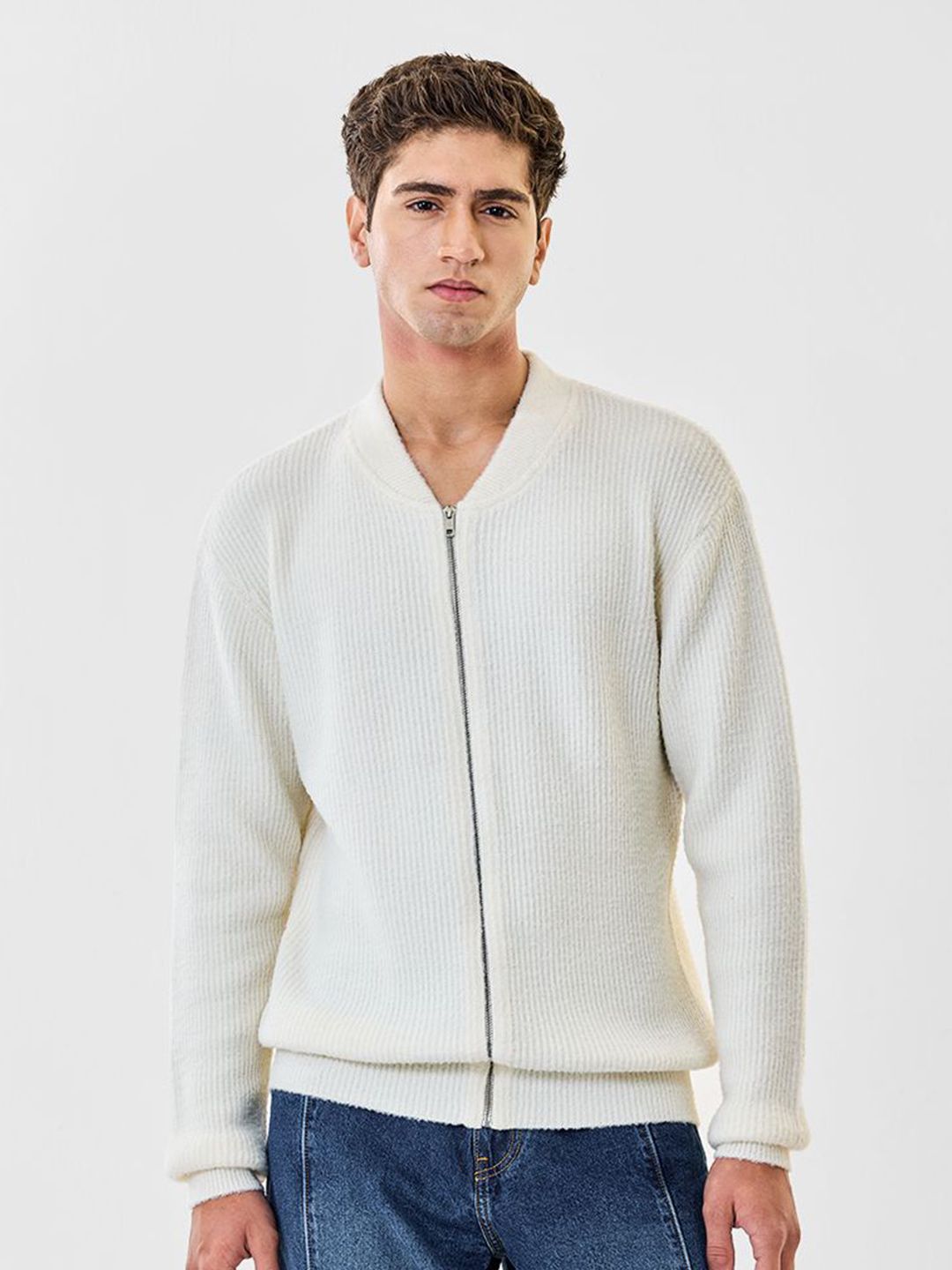 Snitch Men Collarless Self Design Bomber Jacket
