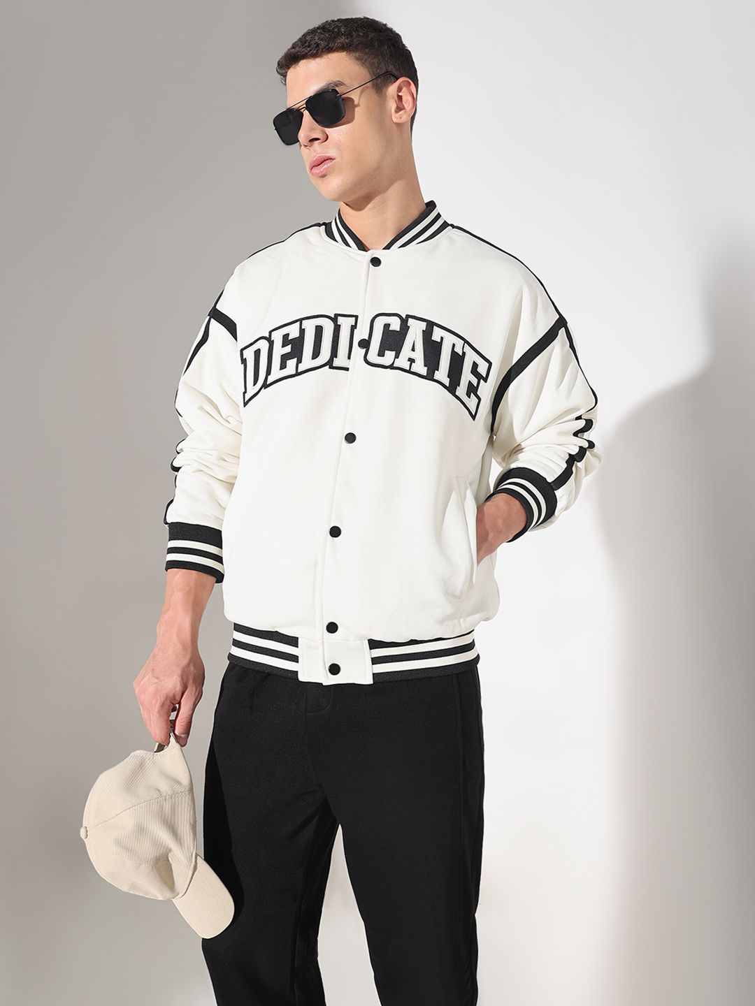 SHOWOFFFF Men White & Black Typography Print Mandarin Collar Oversized Cotton Varsity Jacket