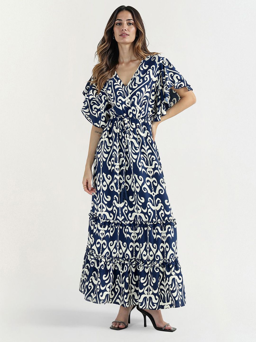 ELLE Women Abstract Printed Flutter Sleeve Gathered or Pleated Maxi Dress