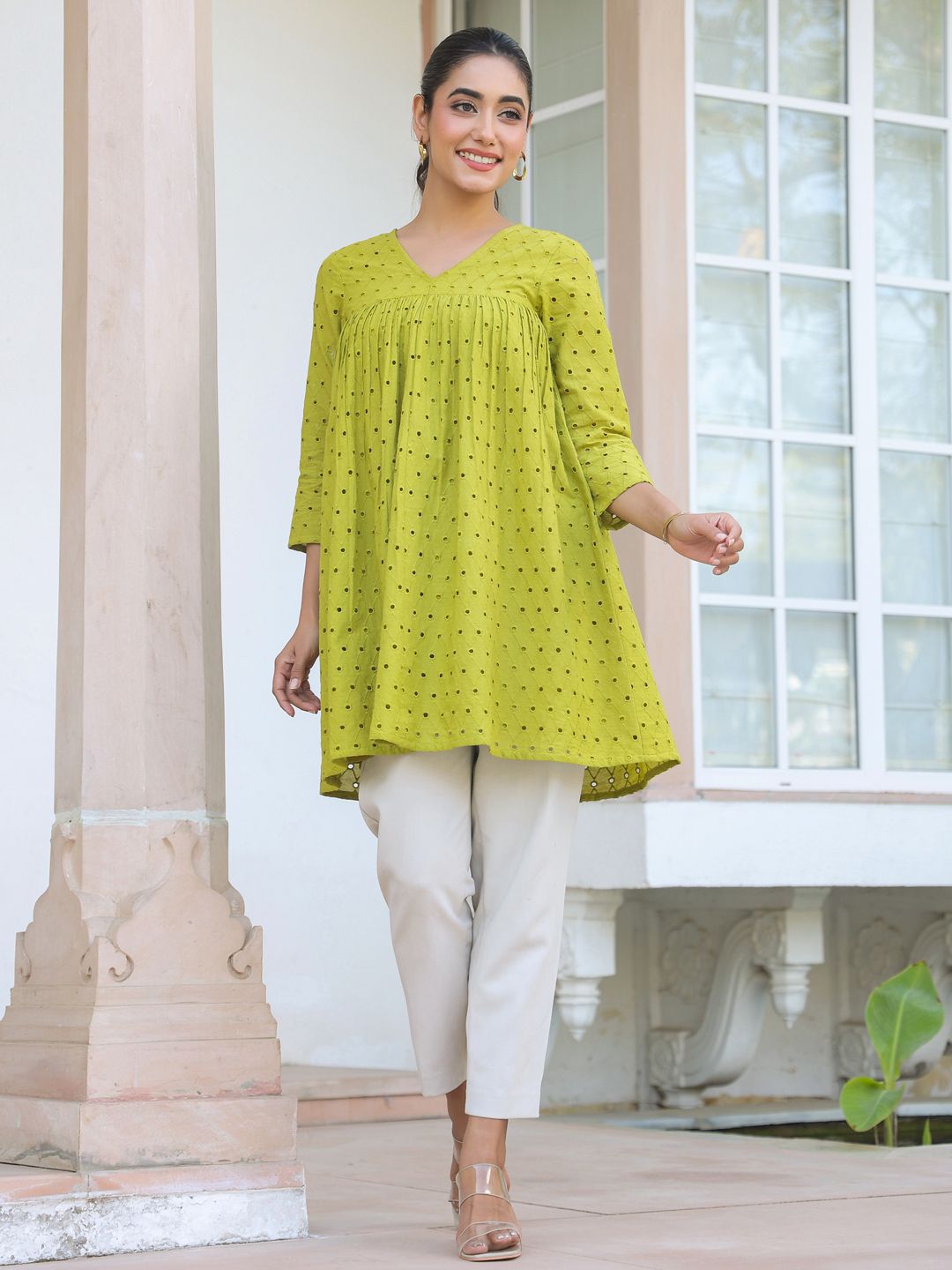 Janasya Women Gathers Schiffli Embroidered Pure Cotton Tunic
