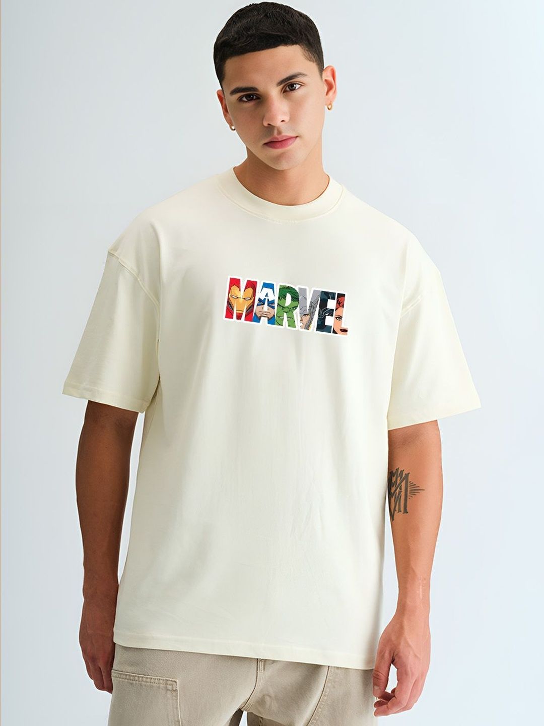 BDSQUARE Men Marvel Typography Printed Round Neck Cotton Relaxed Fit T-shirt