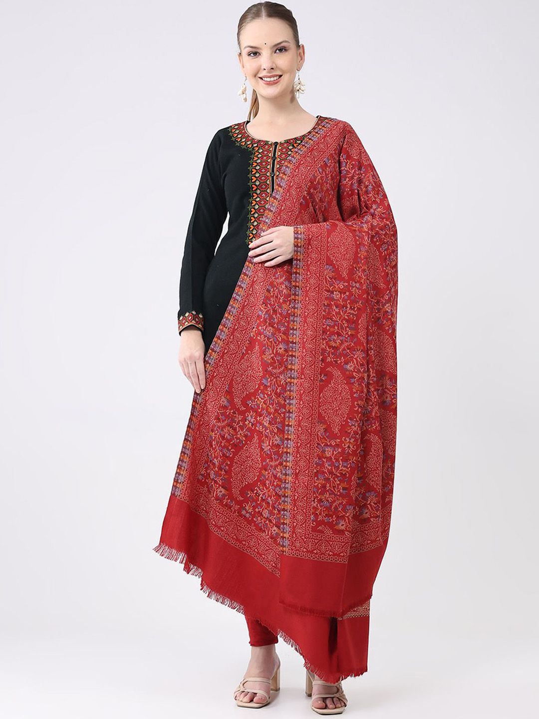 Monte Carlo Floral Woven Design Fringed Border Woollen Shawl