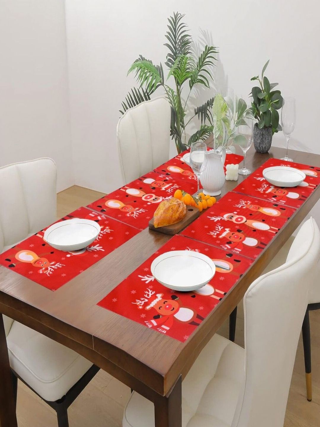 PRAKARTIK Red & White 6 Pieces Reindeer Christmas Printed Rectangle Table Placemats