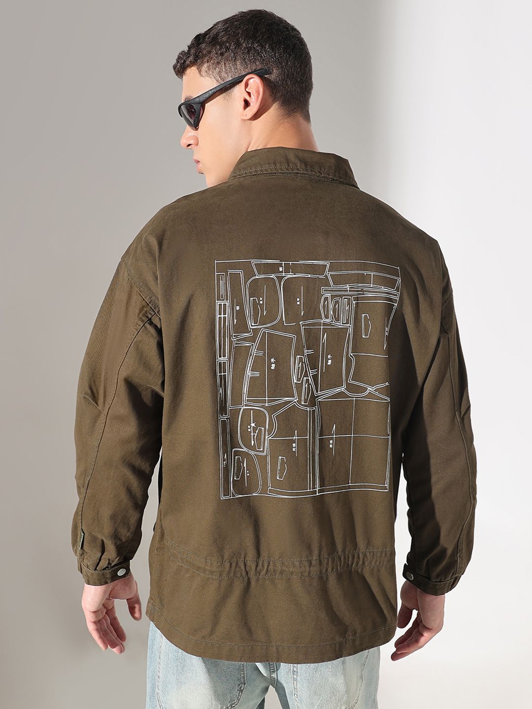 SHOWOFFFF Men Olive Graphic Print Utility Casual Wear Jacket