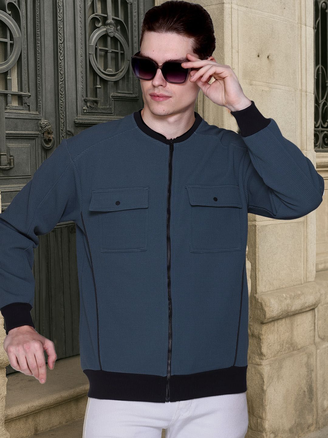 MOUNTAIN COLOURS Men Stand Collar Solid Bomber Jacket