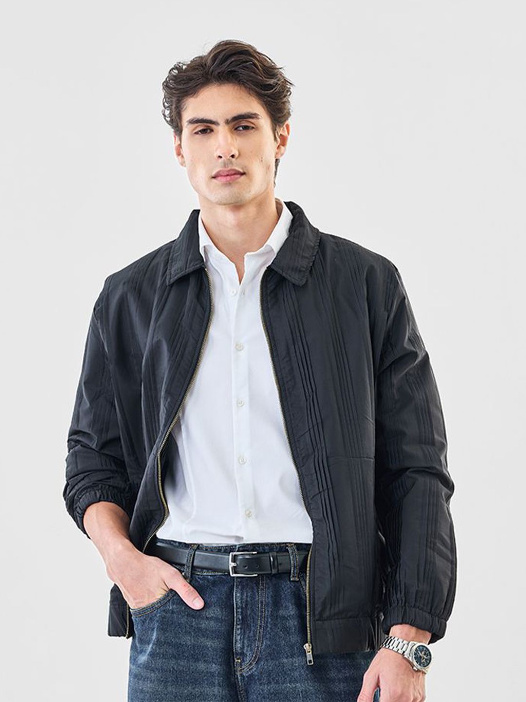 Snitch Men Spread Collar Striped Bomber Jacket