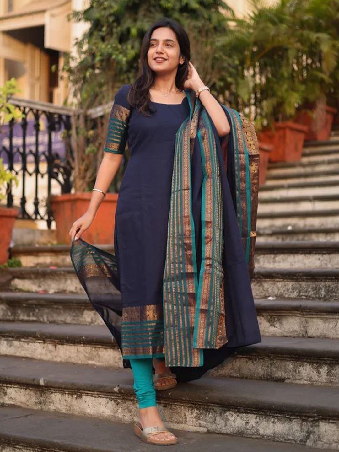 Vastukala Women Cotton Woven Design Kurta With Dupatta