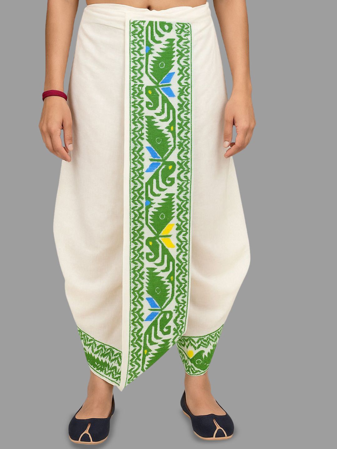 Looknest Men White & Green Jamdani Printed Art Silk Dhotis