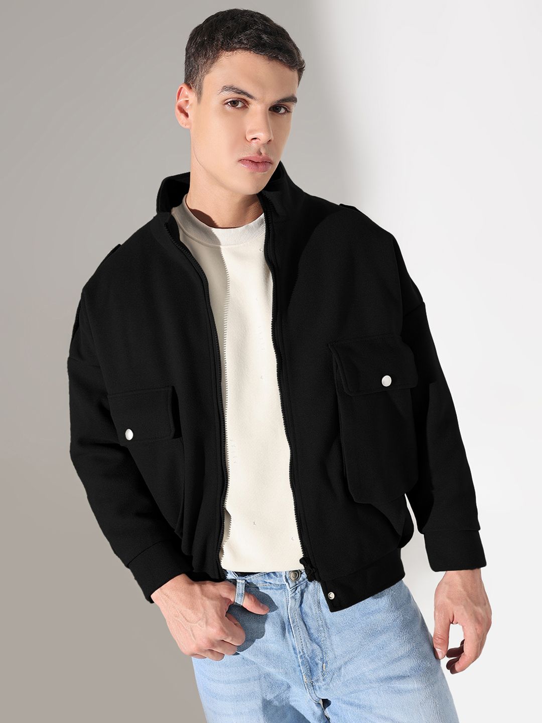 SHOWOFFFF Men Solid Black Fleece Jacket