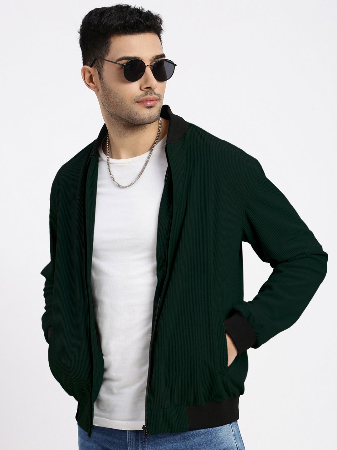SHOWOFFFF Men Mandarin Collar Corduroy Bomber Jacket